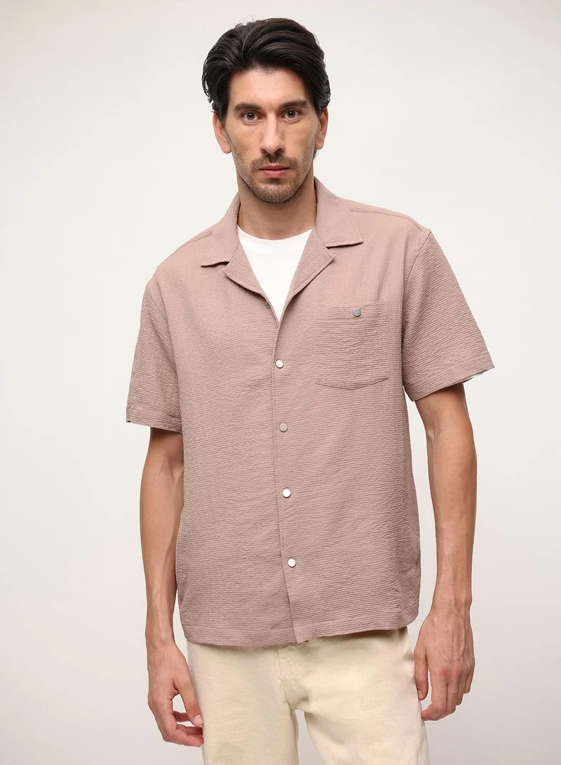 Dennis Lingo Beige Solid Print Button Down Relaxed Shirt For Men