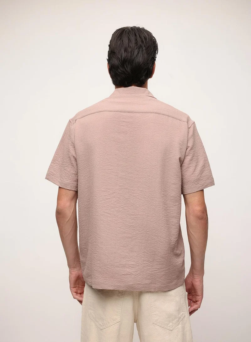 Dennis Lingo Beige Solid Print Button Down Relaxed Shirt For Men