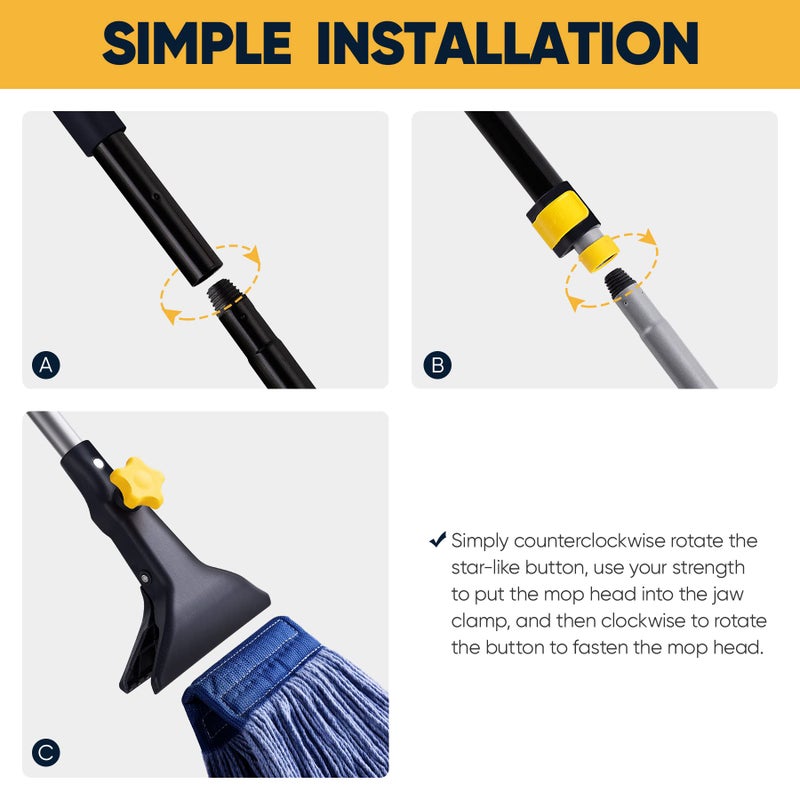 Yocada Looped-End String Wet Mop Heavy Duty Cotton Mop Commercial Industrial Grade Telescopic Iron Pole Jaw Clamp Floor Cleaning 55.1 inch - Image 2