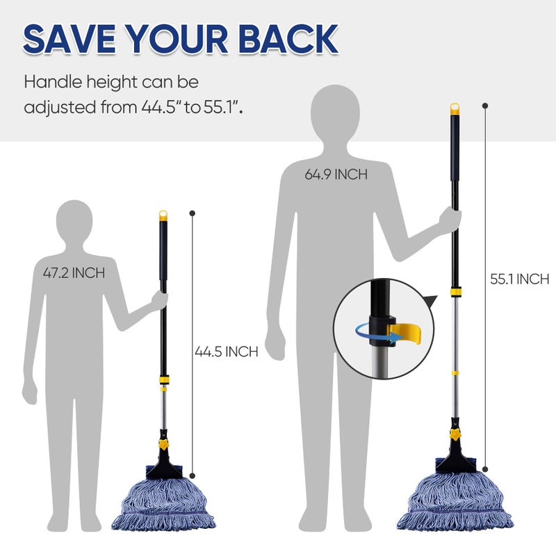 Yocada Looped-End String Wet Mop Heavy Duty Cotton Mop Commercial Industrial Grade Telescopic Iron Pole Jaw Clamp Floor Cleaning 55.1 inch - Image 3