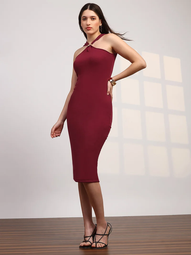 Globus Women Maroon Halter Neck Ribbed Midi Bodycon Dress