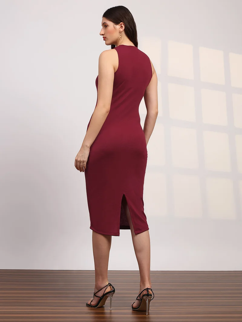 globus Globus Women Maroon Halter Neck Ribbed Midi Bodycon Dress