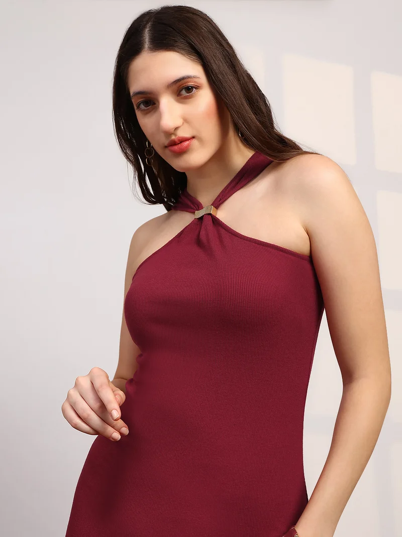 globus Globus Women Maroon Halter Neck Ribbed Midi Bodycon Dress