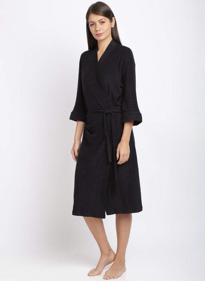 Red Rose RedRose Black Solid Cotton Drawstring Knee Length Bath Robe - XL - Image 5
