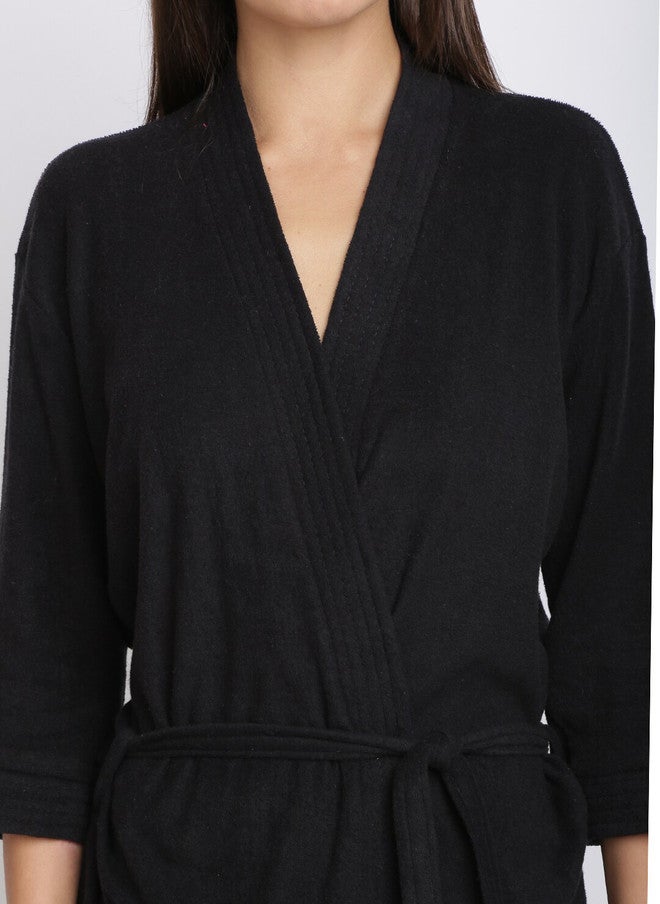 Red Rose RedRose Black Solid Cotton Drawstring Knee Length Bath Robe - XL - Image 2