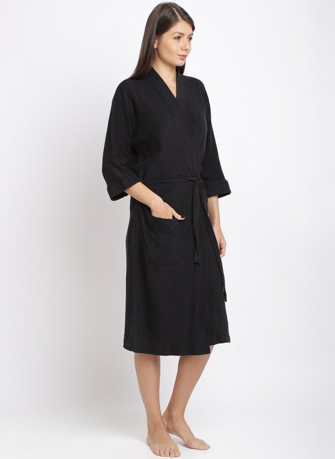 Red Rose RedRose Black Solid Cotton Drawstring Knee Length Bath Robe - XL - Image 3