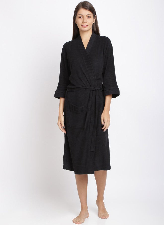 Red Rose RedRose Black Solid Cotton Drawstring Knee Length Bath Robe - XL - Image 1