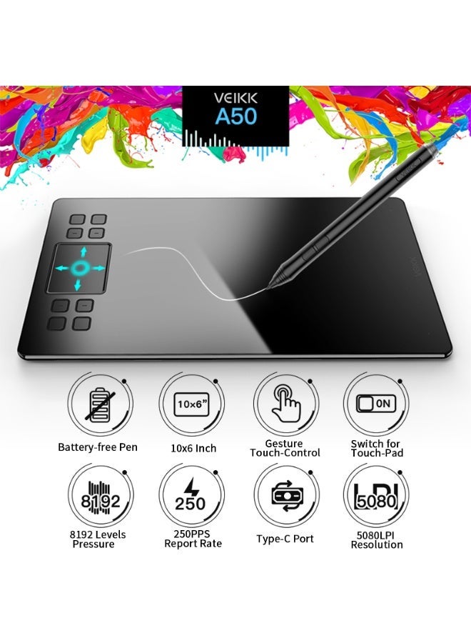 فايك لوحة رسم رسومات A50 بحجم 10 × 6 بوصة ومجال نشط كبير، مع 8 أزرار تعبير ولوحة لمس باللمس، و8192 مستوى للضغط، وقلم بدون بطارية و8 رؤوس قلم، متوافقة مع ويندوز، ماك أو إس، أندرويد، مناسبة للرسم، التصميم، والتدريس عبر الإنترنت - Image 1