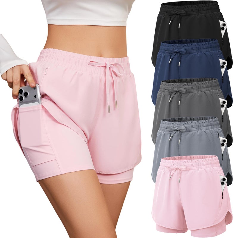 CE' CERDR 5 Pack Women's 2 in 1 Running Shorts High Waisted Athletic Workout Short for Gym Yoga with Liner 4 Pockets,Black,Navy,Dark Grey,Light Grey,Pink,Small - Image 1