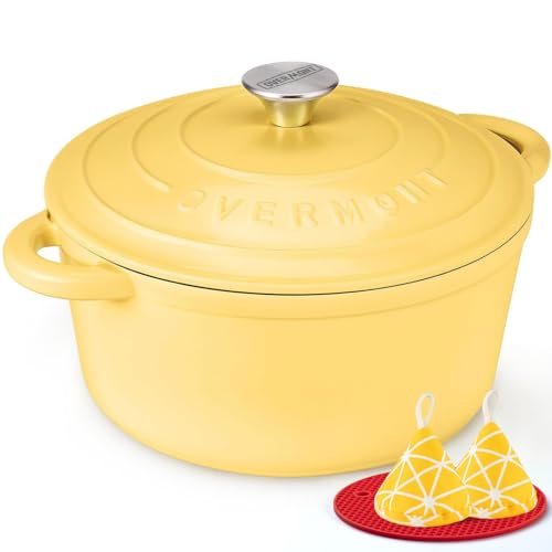 Overmont Enameled Cast Iron Dutch Oven - 5.5QT Pot with Lid Cookbook & Cotton Potholders - Heavy-Duty Cookware for Braising, Stews, Roasting, Bread Baking Goose Yellow - Image 1