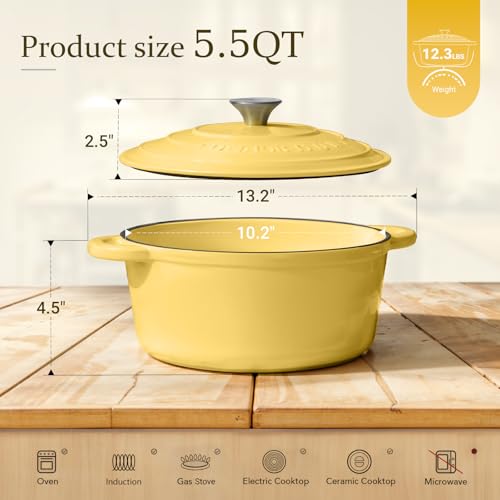Overmont Enameled Cast Iron Dutch Oven - 5.5QT Pot with Lid Cookbook & Cotton Potholders - Heavy-Duty Cookware for Braising, Stews, Roasting, Bread Baking Goose Yellow - Image 5