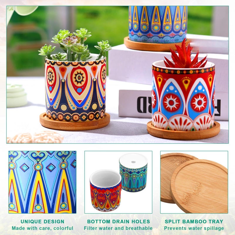 Zopeal 8 Pcs 3 Inch Succulent Planter Pot Ceramic Cactus Pots with Drainage Holes and Bamboo Trays for Indoor Plants Flowers for Home Garden Mexican Party Decor - Image 3
