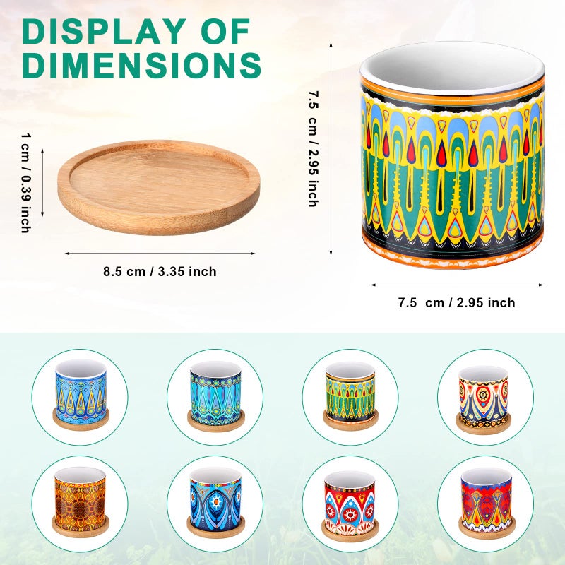 Zopeal 8 Pcs 3 Inch Succulent Planter Pot Ceramic Cactus Pots with Drainage Holes and Bamboo Trays for Indoor Plants Flowers for Home Garden Mexican Party Decor - Image 2