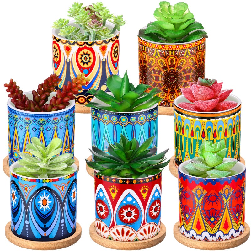 Zopeal 8 Pcs 3 Inch Succulent Planter Pot Ceramic Cactus Pots with Drainage Holes and Bamboo Trays for Indoor Plants Flowers for Home Garden Mexican Party Decor - Image 1