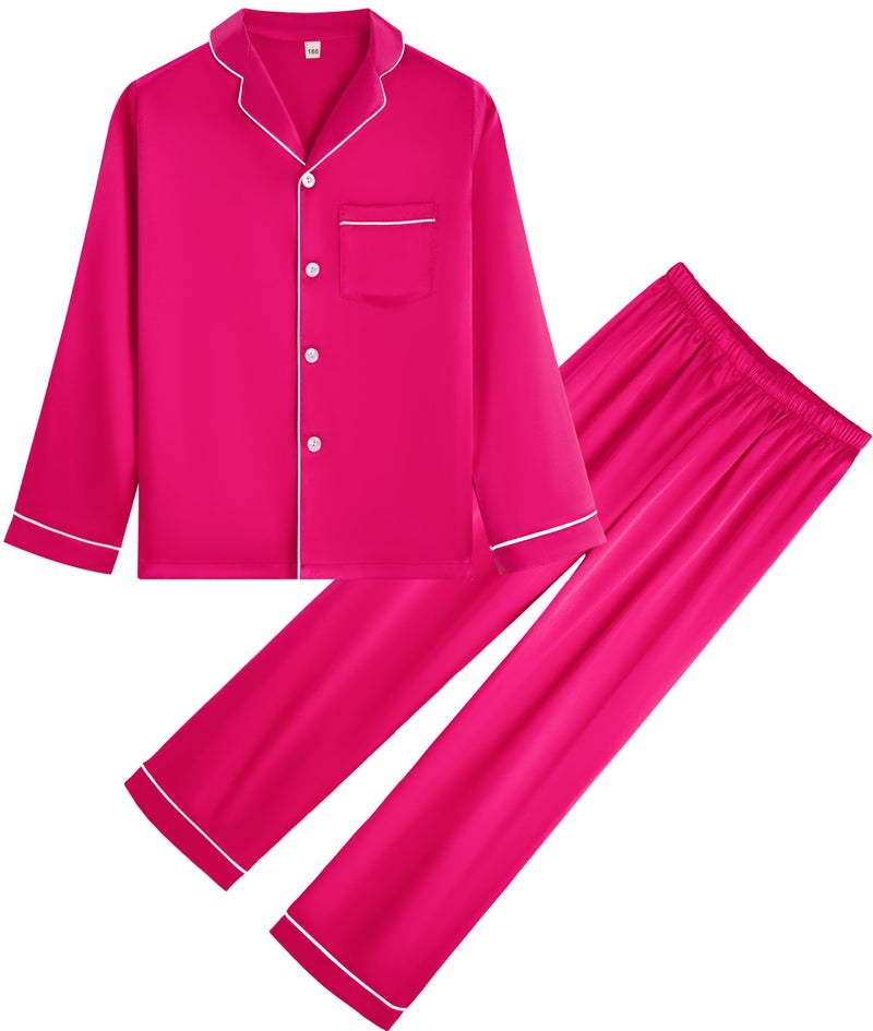 OEIU Kid Silky Satin Pajamas Set for Girls Boys pj Set Sleepwear Button-up Lounge Sets Nightwear Rose 160 - Image 1