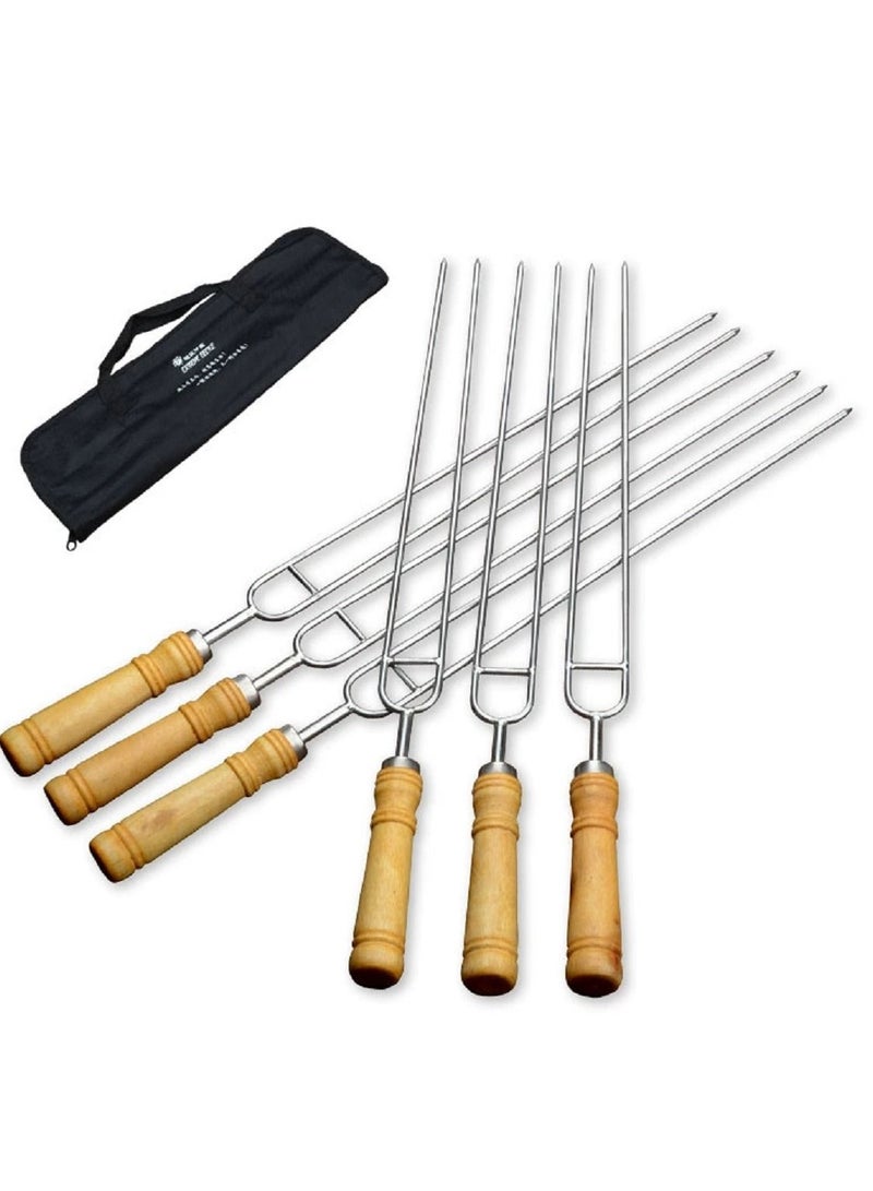althiqahkey Barbecue Skewers, Double Prong Grilling Skewers, Stainless Steel BBQ Skewers Wooden Handle, U Shape Skewers, U Type BBQ Accessories Set of 6  with Durable Packing Bag  - Image 1