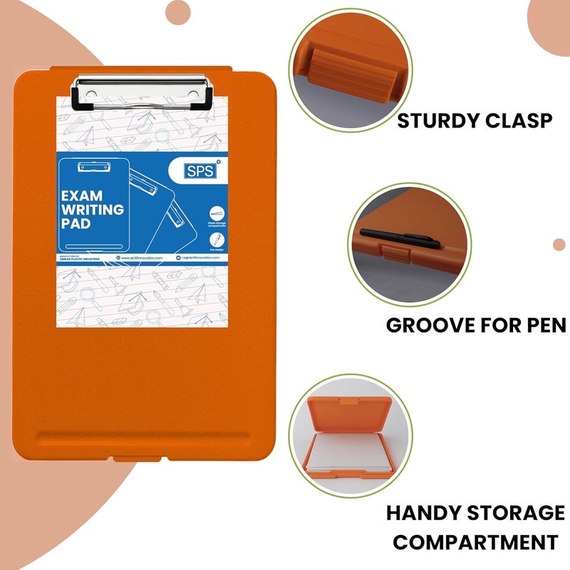 sps Exampad A4 Plastic Clipboard with Built-in Storage and Pen Holder - Ideal for School, Office, Travel - Perfect for Students and Professionals, School and Office - Orange - Image 4