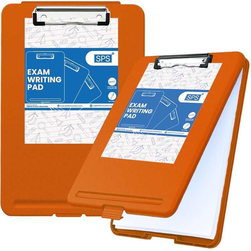 sps Exampad A4 Plastic Clipboard with Built-in Storage and Pen Holder - Ideal for School, Office, Travel - Perfect for Students and Professionals, School and Office - Orange - Image 1