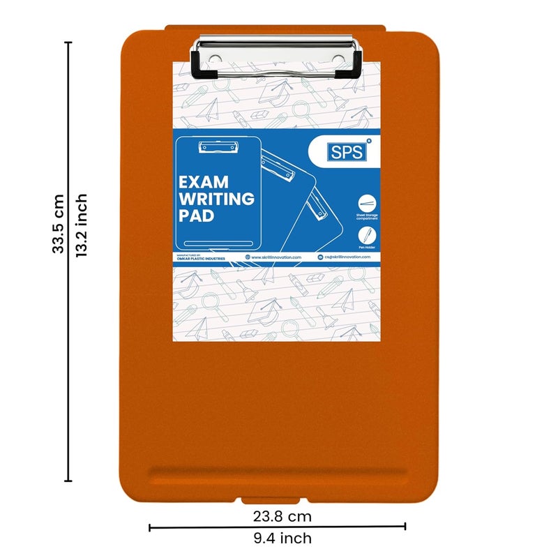 sps Exampad A4 Plastic Clipboard with Built-in Storage and Pen Holder - Ideal for School, Office, Travel - Perfect for Students and Professionals, School and Office - Orange - Image 2