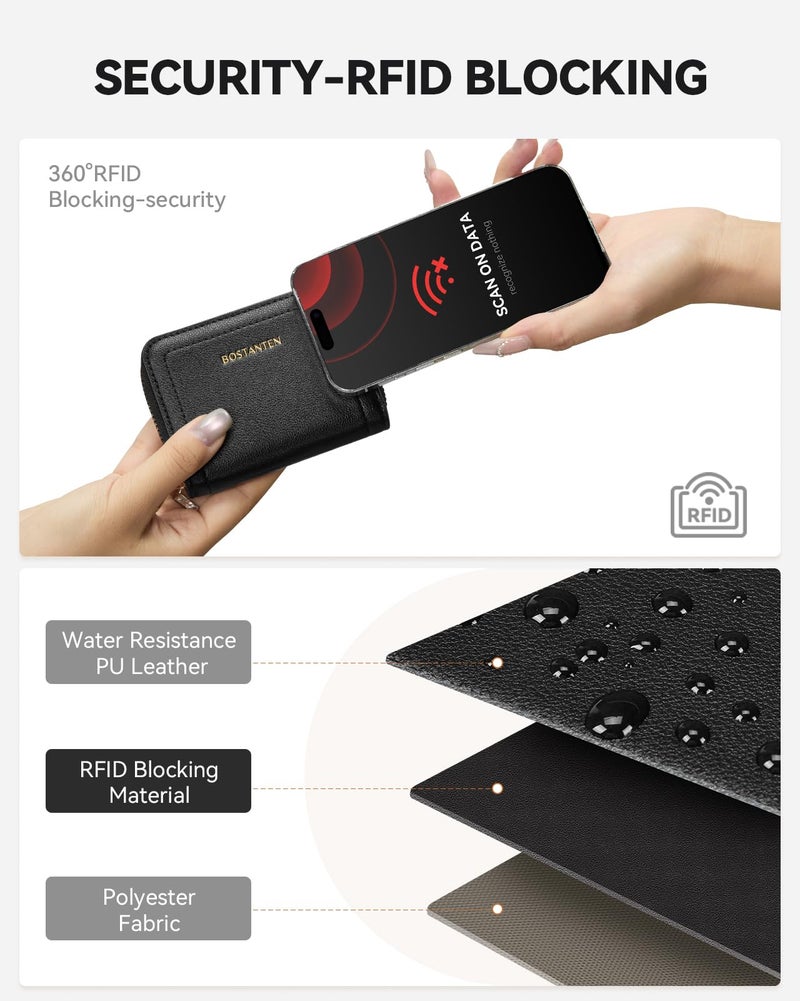 BOSTANTEN Credit Card Holder RFID Leather Small Wallets Woman, Accordion Zipper Card Wallet, Black - Image 5