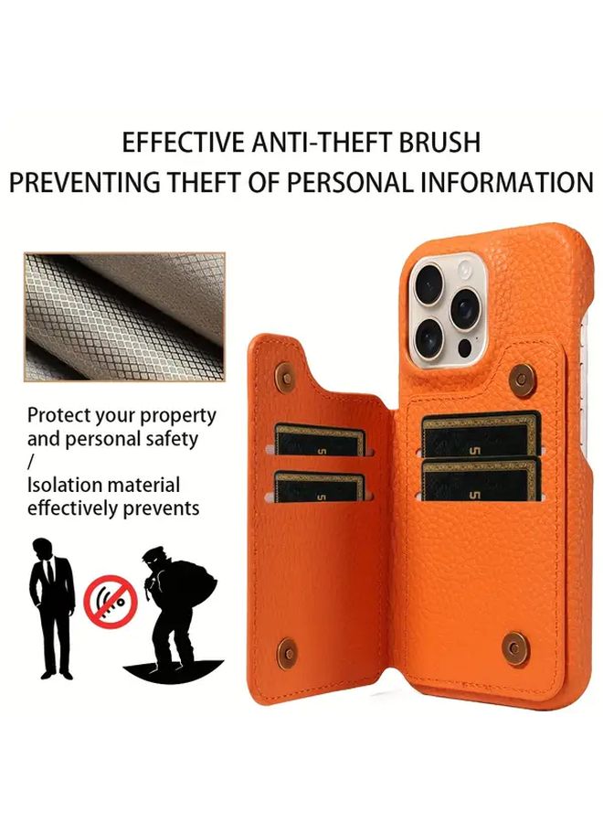 غلاف برتقالي من الجلد الصناعي مع مشبك مغناطيسي لجهاز آيفون 13 برو، يحتوي على فتحات متعددة للبطاقات وغطاء واقٍ مضاد للسقوط. - Image 4