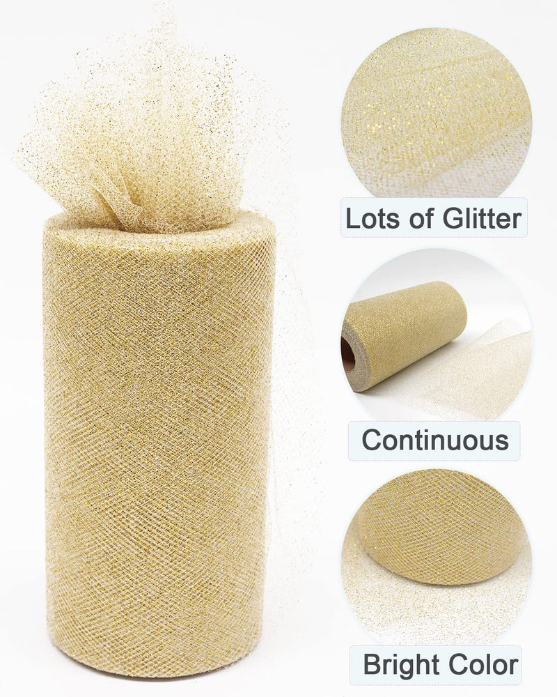 Ableme Deco Glitter Gold Tulle Fabric Rolls, 6 Inch 50 Yards (150ft) Sparkling Spool Ribbon Sequin Netting for Tutu Skirt Gift Wrapping Wedding Party Decoration (White/Gold) - Image 2