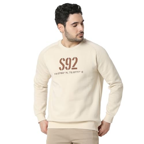 Spykar Men's Solid Round Neck Full Sleeves Sweatshirt Cream White - Image 1