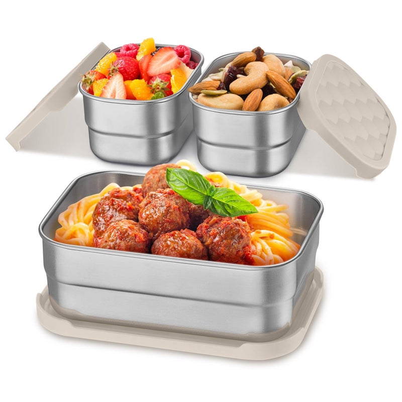 Homikit 3 Pack Kids Lunch Box Set, 18/10 Stainless Steel Bento Boxes with Silicone Lids Leak Proof, 5 Cups Reusable Metal Food Snack Containers for School Daycare, Nontoxic & Dishwasher Safe, Khaki - Image 1