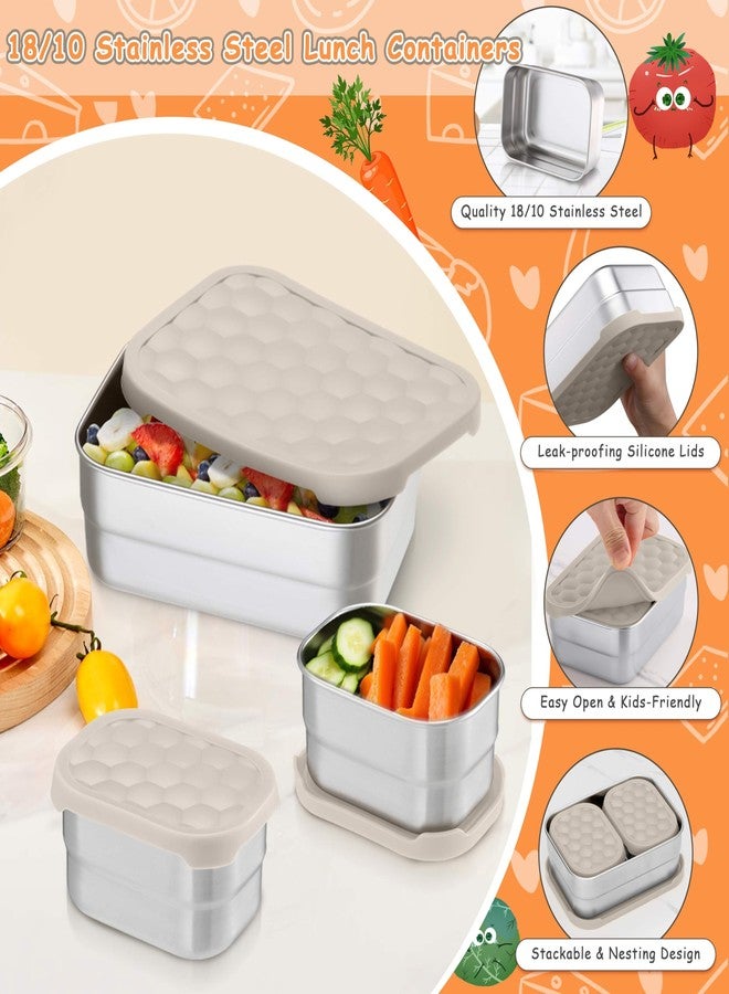 Homikit 3 Pack Kids Lunch Box Set, 18/10 Stainless Steel Bento Boxes with Silicone Lids Leak Proof, 5 Cups Reusable Metal Food Snack Containers for School Daycare, Nontoxic & Dishwasher Safe, Khaki - Image 2