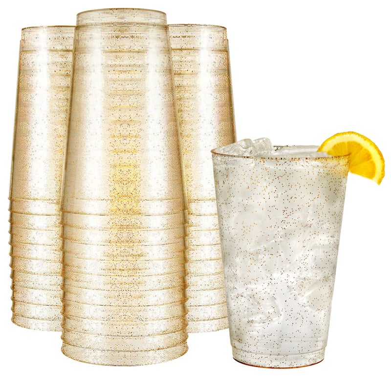R-kay 14 oz Gold Glitter Plastic Cups For Party - 50 Pack Gold PLastic Cups - Hard Disposable Cups - Premium Heavy Duty Gold Cups - Disposable Cocktail Glasses - Party Cups (14 OZ) - Image 1
