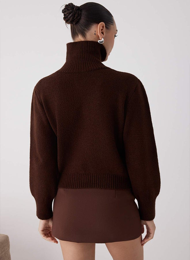 trendyol Wardrobe Essentials Brown Wool Premium Yarn Zippered Basic Knitwear Sweater | - Image 4