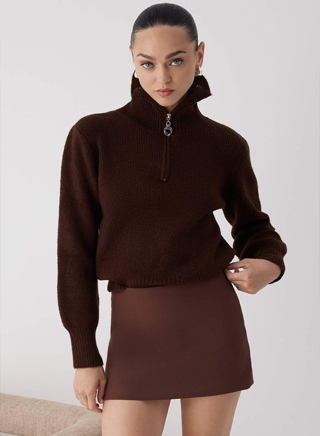 trendyol Wardrobe Essentials Brown Wool Premium Yarn Zippered Basic Knitwear Sweater | - Image 1