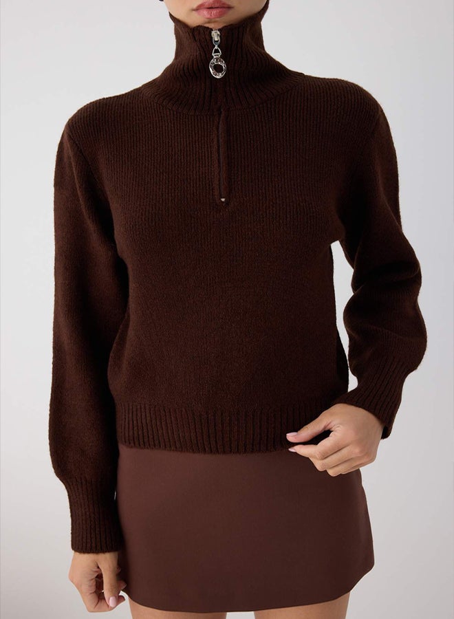 trendyol Wardrobe Essentials Brown Wool Premium Yarn Zippered Basic Knitwear Sweater | - Image 3
