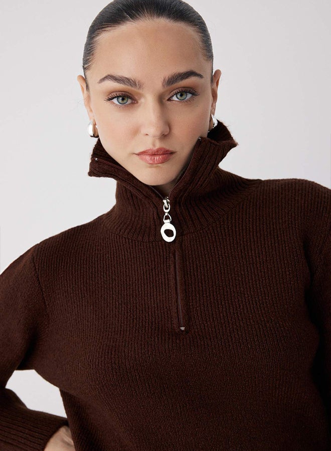 trendyol Wardrobe Essentials Brown Wool Premium Yarn Zippered Basic Knitwear Sweater | - Image 2
