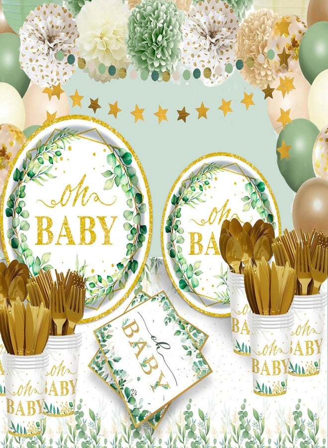 OUNIY Sage Greenery Baby Shower Plates and Napkins Tableware Set - 175pcs Gender Neutral Baby Shower Decorations Oh Baby Party Supplies, Disposable Paper Plates Napkins for Baby Girl Boy Shower Decorations - Image 2