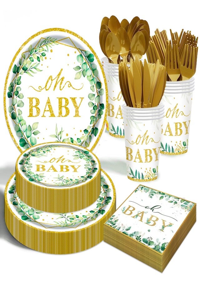 OUNIY Sage Greenery Baby Shower Plates and Napkins Tableware Set - 175pcs Gender Neutral Baby Shower Decorations Oh Baby Party Supplies, Disposable Paper Plates Napkins for Baby Girl Boy Shower Decorations - Image 1