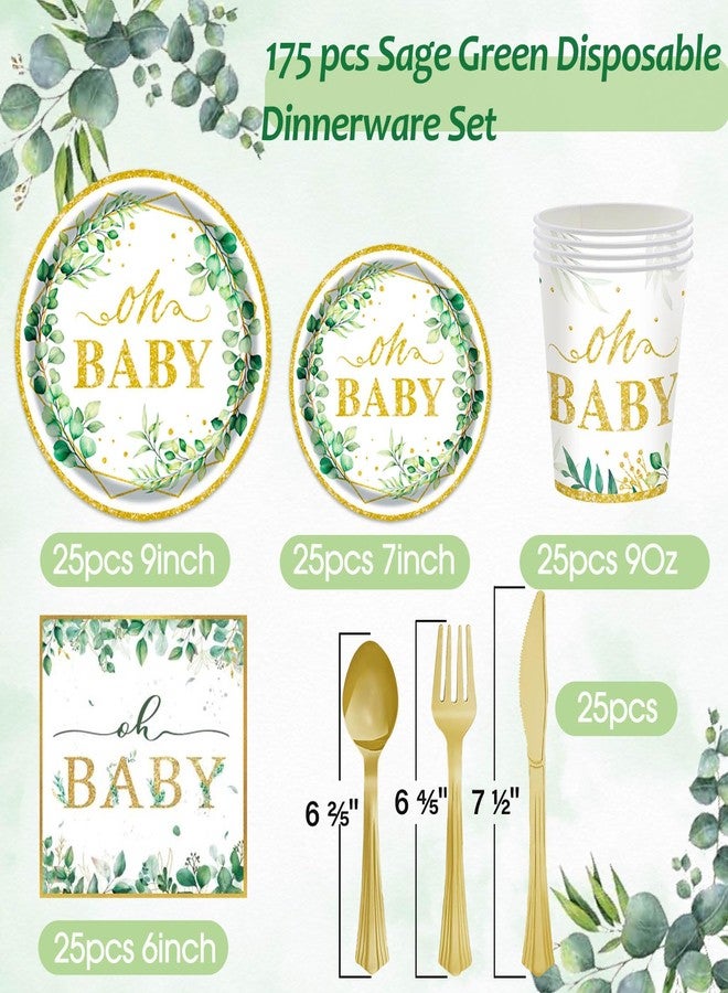 OUNIY Sage Greenery Baby Shower Plates and Napkins Tableware Set - 175pcs Gender Neutral Baby Shower Decorations Oh Baby Party Supplies, Disposable Paper Plates Napkins for Baby Girl Boy Shower Decorations - Image 3