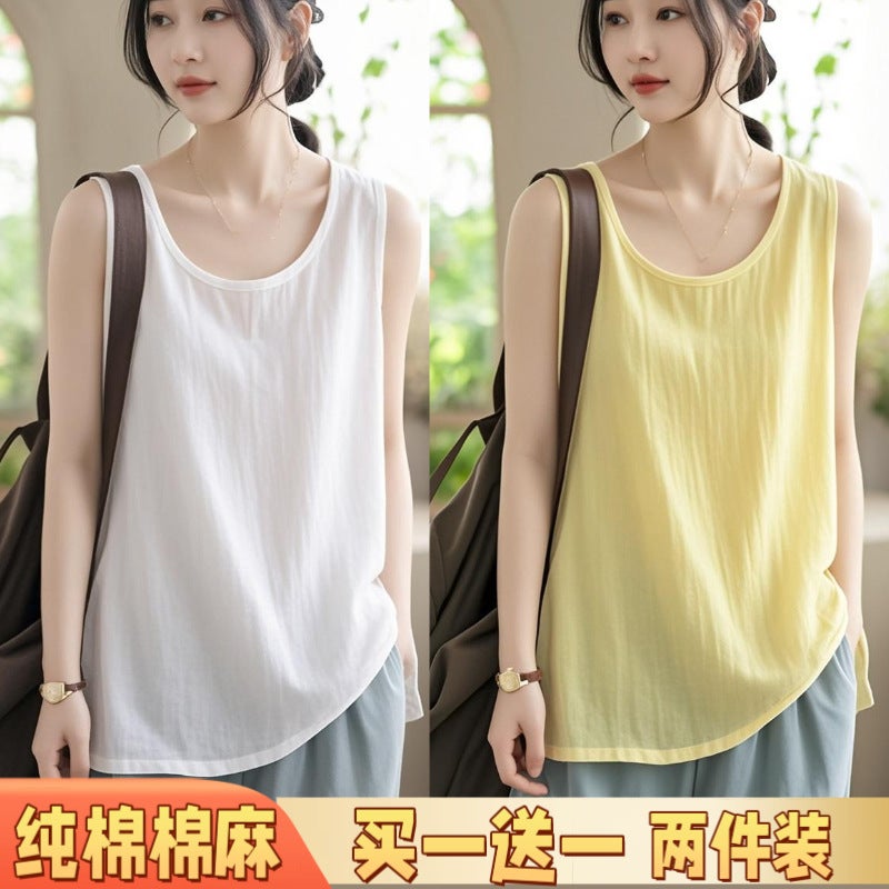 Plus Size Commuter Style Korean Style Pure Color Short-Sleeved T-Shirt Summer Thin Cotton Women'S Casual Style Two-Piece Linen White - Image 1
