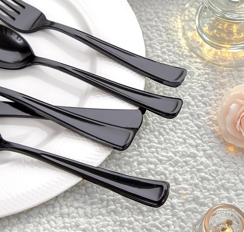 WDF 180 Pieces Black Silverware Cutlery Disposable - Plastic Flatware Set 60 Forks  60 Knives and 60 Spoons - Heavy Duty Black Plastic Cutlery - Disposable Utensils for Party  Wedding  Graduation - Image 3