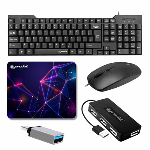 Prodot 5-in-1 Wired Combo Pack | 247s Wired Keyboard + Palm Optical Mouse with Adjustable DPI + 4 in1 Port USB Hub + USB Type-A to Type-C OTG + Anti-Slip Mouse Pad | for Laptop/Desktop - Image 1