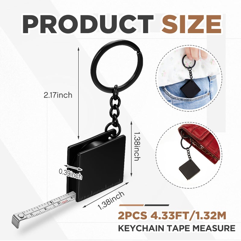 Quelay 2 Pcs Mini Tape Measure Metal Keychain Up To 51.97 Inches/ 4.33 Ft  Metric Scales  Small Retractable Measure Keychain  Construction Party Favors For Party Favors Gift Bag Fillers Prize(Black) - Image 2