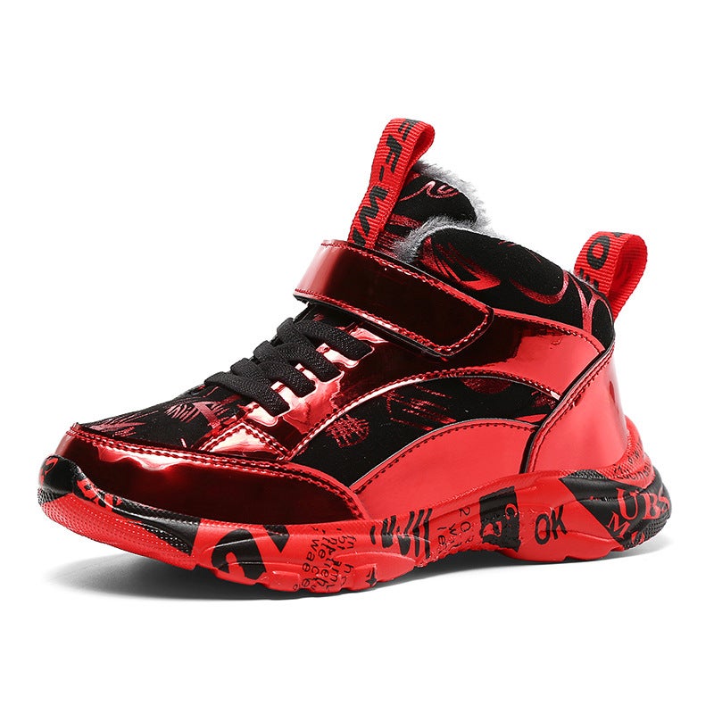 Cotton Shoes High-Top Fleece-Lined Boys' Casual Large Cotton Medium And Large Children Warm Cotton Sneaker Fashionable Thickened For Students And Girls - Image 1