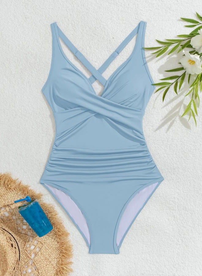 B2prity Women's One Piece Swimsuits Tummy Control Ruched Bathing Suit V Neck Tie Back Swimwear Wrap Swim Suit, Sky Blue, XXL - Image 5