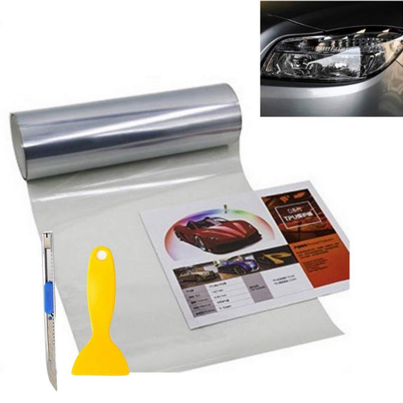 KOMAS 12 X 48 Tint Vinyl Film Sticker Sheet Roll for Car Headlight Tail Lights Fog Lights with Squeegee  Cutter Glossy Clear
