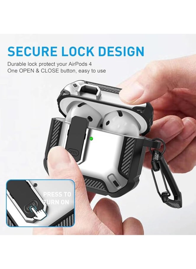 Generic - Compatible With for AirPods 4 Case with Lock, Shockproof Protective Case with Keychain, Compatible with Apple AirPods 4th Generation 2024 (Silver @ Black) - Image 1
