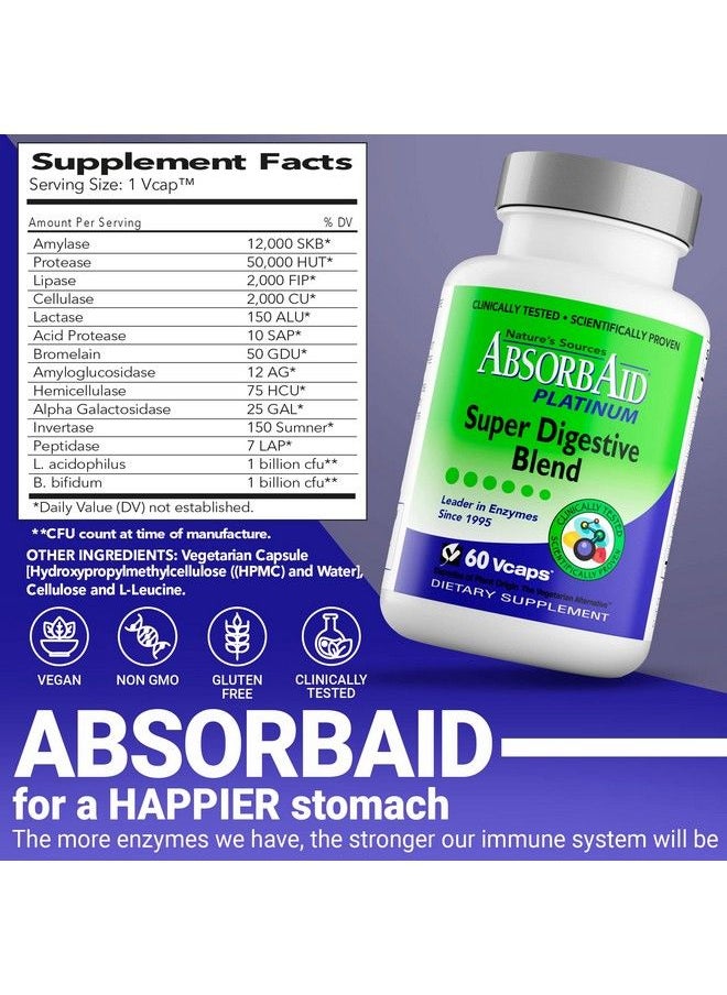 AbsorbAid - Platinum Digestive Enzyme Support 60 Vcaps 12 Digestive Enzymes Plus 2 Probiotics For Maximum Relief - Image 1