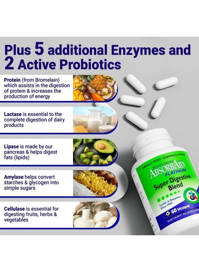 AbsorbAid - Platinum Digestive Enzyme Support 60 Vcaps 12 Digestive Enzymes Plus 2 Probiotics For Maximum Relief - Image 1
