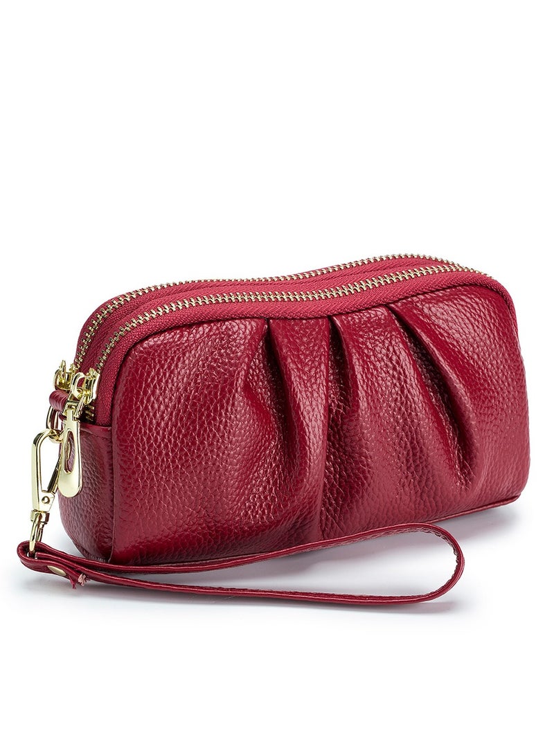 SKT Shiketro Top Layer Cowhide Double Layer Zipper High-End Wallet Mobile Phone Bag Genuine Leather Clutch Bag Mother Handbag【Wine Red】 - Image 1