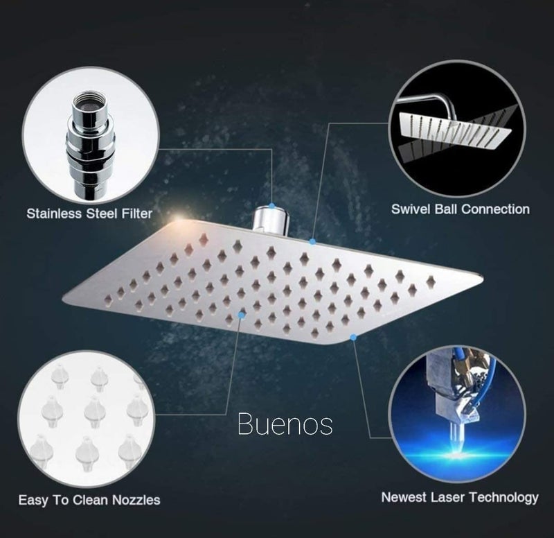Buenos Buenos BSOHUS-6 High Grade Stainless Steel Square Ultra Slim Thin High Pressure Rainfall Over Head Bath Shower Head for Bathroom (8x8 inch Shower with 15 inch Arm) - Image 5