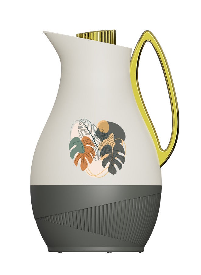 GAZELLA Tea/Coffee Flask 1 Liter Ivory/Grey With Golden Handle, Borosilicate Glass Inside, Double Wall Vacuum